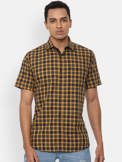 

VAN HEUSEN DENIM LABS Men Yellow & Navy Blue Slim Fit Opaque Checked Casual Shirt