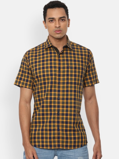 

VAN HEUSEN DENIM LABS Men Yellow & Navy Blue Slim Fit Opaque Checked Casual Shirt