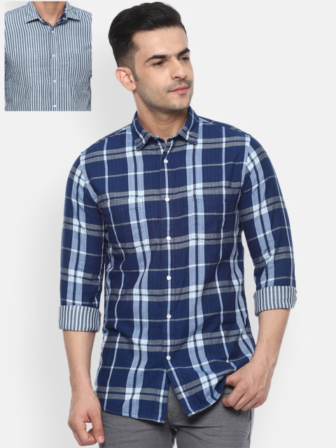 

VAN HEUSEN DENIM LABS Men Navy Blue Slim Fit Tartan Checked Reversible Casual Shirt