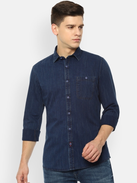 

VAN HEUSEN DENIM LABS Men Navy Blue Slim Fit Opaque Striped Casual Shirt
