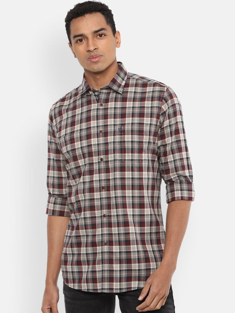 

VAN HEUSEN DENIM LABS Men Brown & White Slim Fit Tartan Checks Opaque Casual Shirt