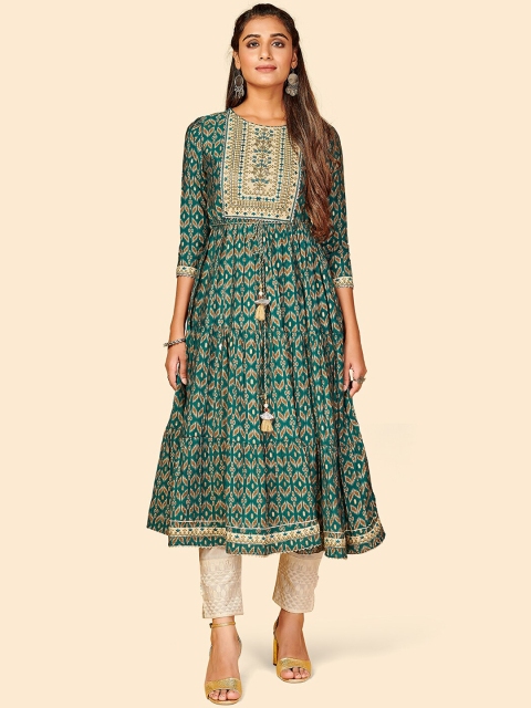 

Vbuyz Women Sea Green Printed Embroidered Anarkali Kurta