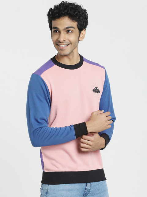 

Bewakoof Men Pink & Blue Colourblocked Sweatshirt