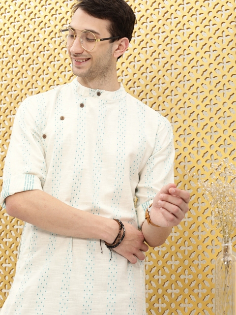 

Ode by House of Pataudi Men White & Blue Woven Design Rozana Fusion Kurta