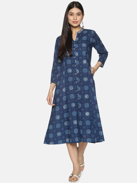 

Saffron Threads Blue Pure Cotton Motifs Ethnic A-Line Midi Dress