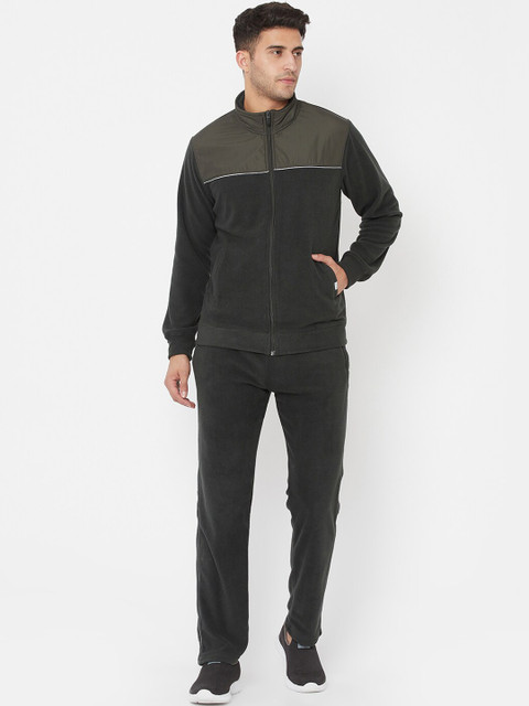 

Octave Men Olive Green & Black Colourblocked Cotton Tracksuit