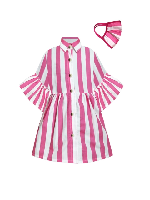 

A T U N Pink & Off White Striped Shirt Dress & 2-Ply Cotton Mask