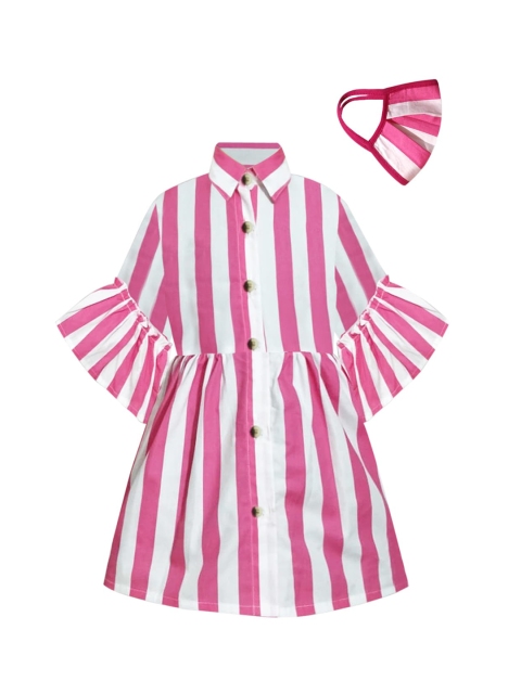 

A T U N Pink & White Striped Pure Cotton Shirt Dress With Matching Mask