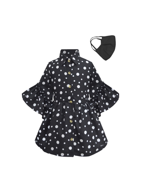 

A T U N Black & White Polka Dot Shirt Dress with Fashion Facemask