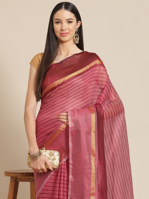 

Anouk Red Striped Silk Blend Ready to Wear Chanderi Saree