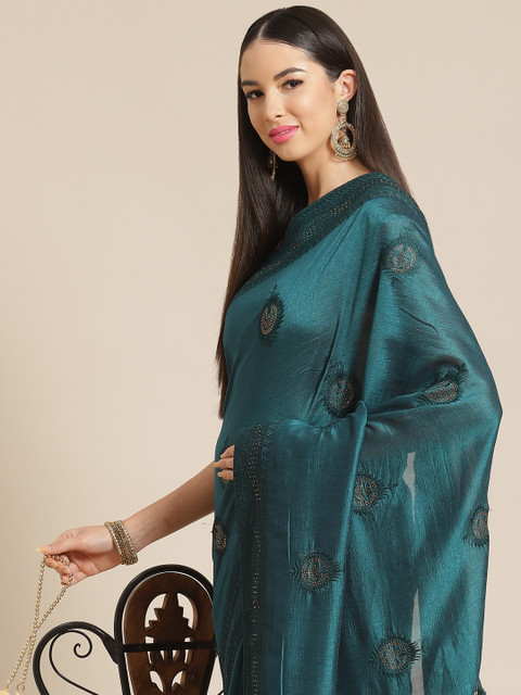 

Anouk Teal Embellished Embroidered Silk Blend Ready to Wear Saree