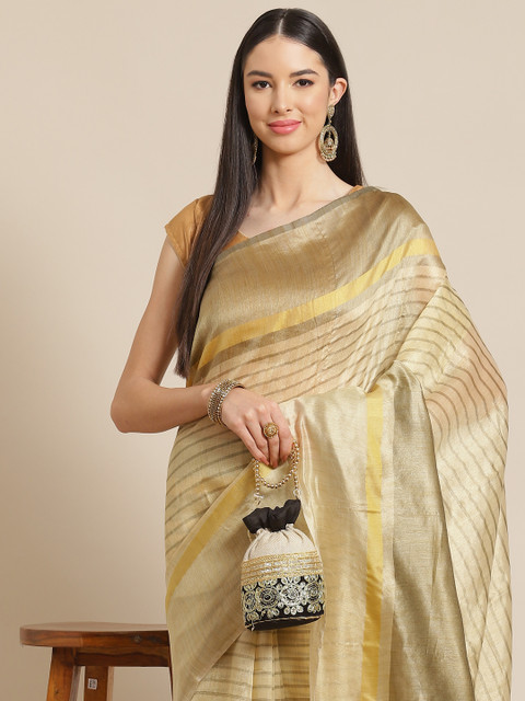 

Anouk Beige Striped Silk Blend Ready to Wear Chanderi Saree
