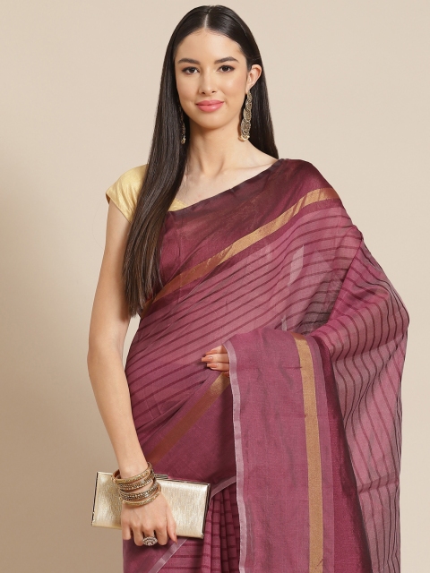 

Anouk Magenta Striped Silk Blend Ready to Wear Chanderi Saree