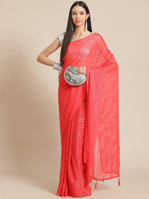 

Anouk Red Striped Zari Ready to Wear Leheriya Saree