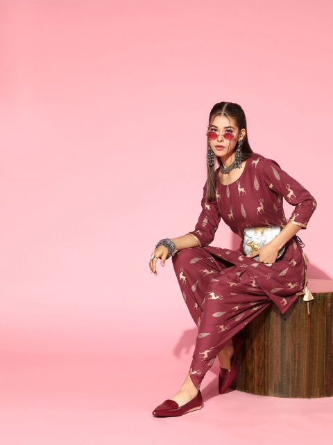 

mokshi Ethnic Motifs Viscose Rayon Kurta Set, Maroon