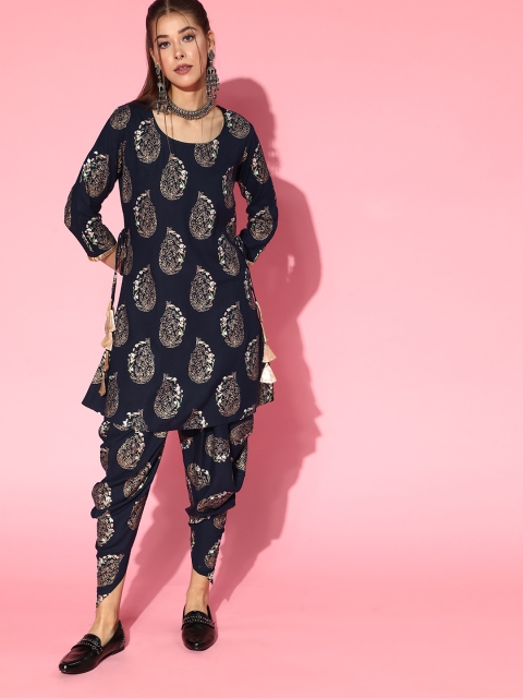 

mokshi Women Navy Blue Ethnic Motifs Printed Regular Kurti with Dhoti Pants