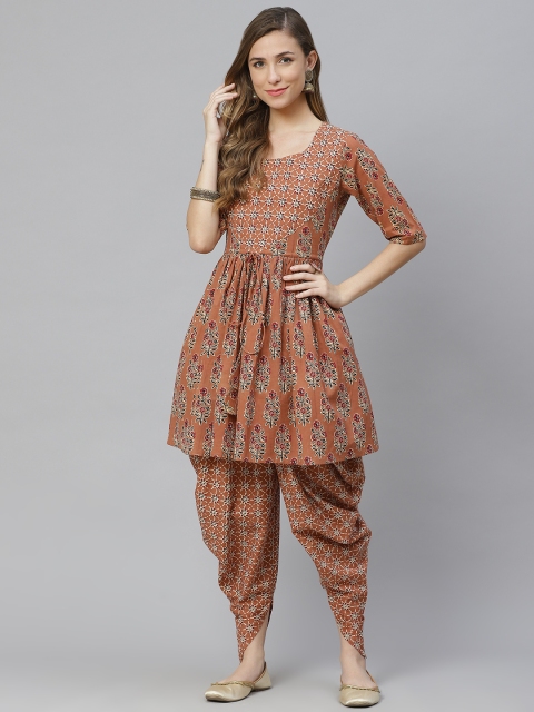 

mokshi Women Brown Floral Printed Regular Pure Cotton Kurti with Dhoti Pants