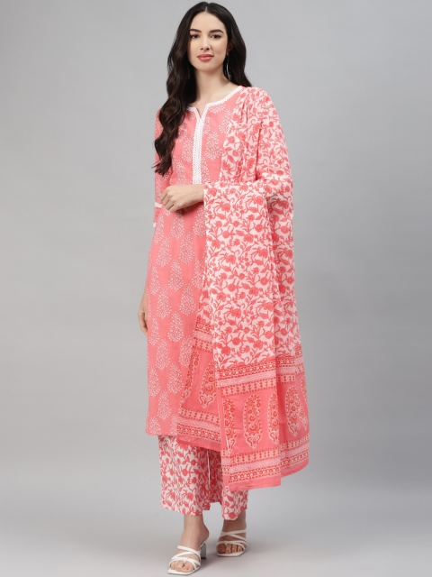 

Ginni Arora Label Women Peach-Coloured Ethnic Motifs Printed Regular Pure Cotton Kurta with Palazzos & With