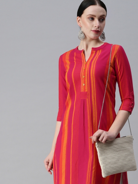 

ETIQUETTE Women Pink & Yellow Striped Handloom Kurta