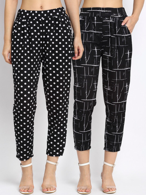

NEUDIS Women Pack Of 2 Printed Comfort Wrinkle Free Pleated Trousers, Black
