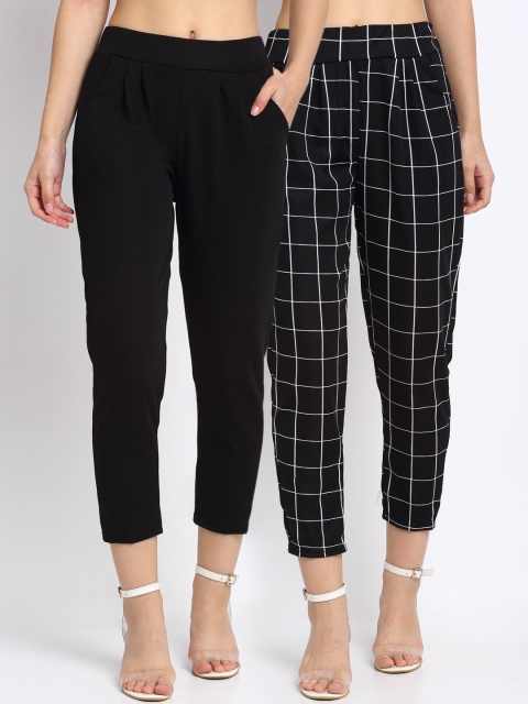 

NEUDIS Women Set of 2 Black Checked Comfort Wrinkle Free Pleated Peg Trousers