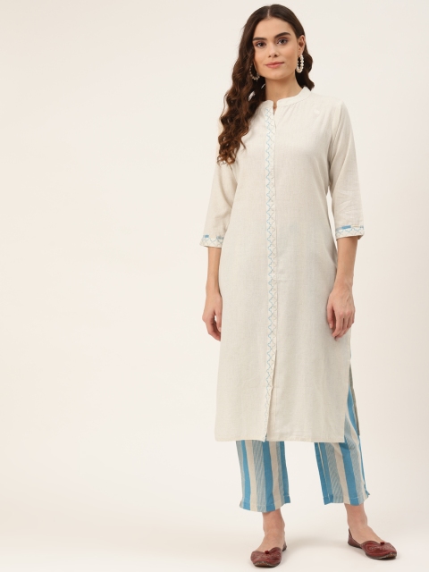

INDYES Women Cream-Coloured High Slit Pure Cotton Kurta with Trousers