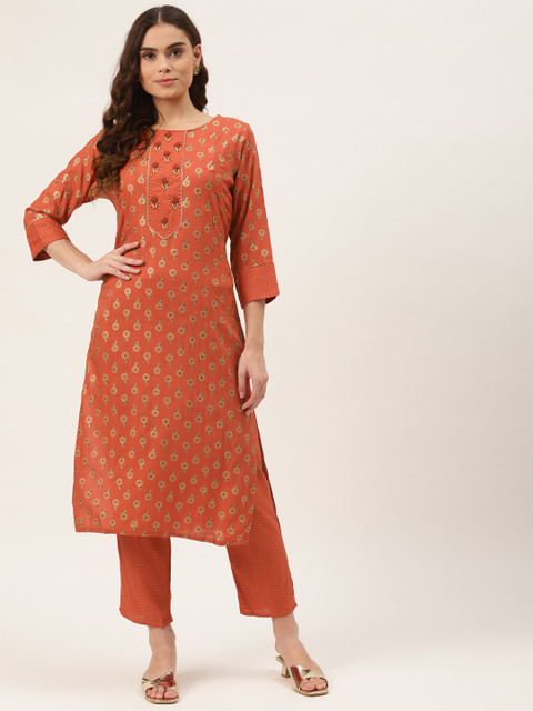 

INDYES Women Orange Regular Pure Cotton Kurta with Trousers