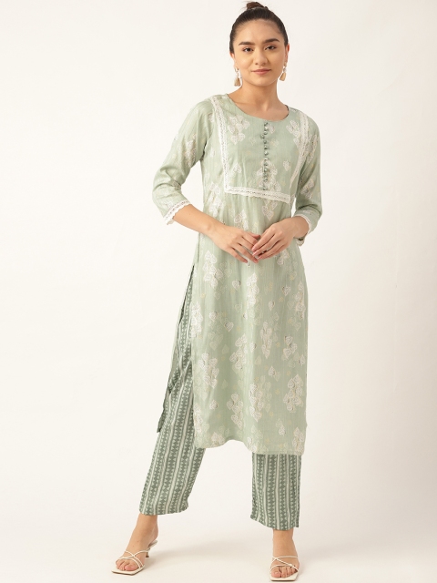 

INDYES Women Sea Green Printed Regular Pure Cotton Kurta with Trousers