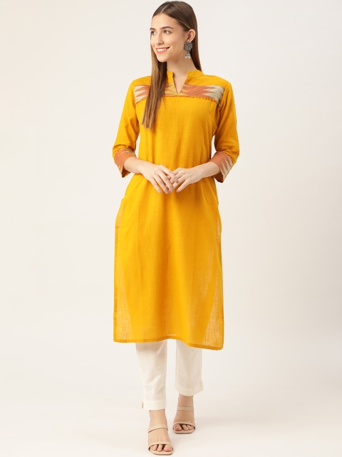 

INDYES Women Mustard Yellow Ethnic Motifs Embroidered Thread Work Block Print Kurta