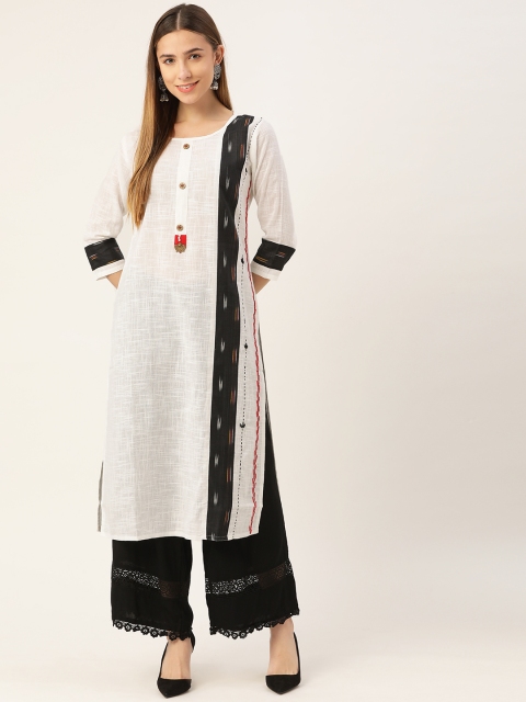 

INDYES Women White Geometric Dyed Kantha Work White Romance Kurta