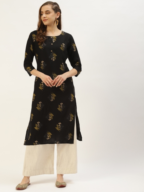 

INDYES Women Black & Brown Floral Printed Pure Cotton Kurta