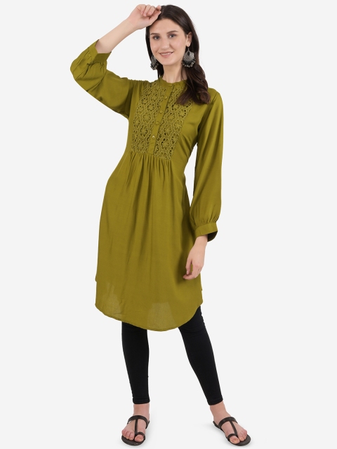 

Ashnaina Lime Green Viscose Rayon Mandarin Collar Embellished Tunic