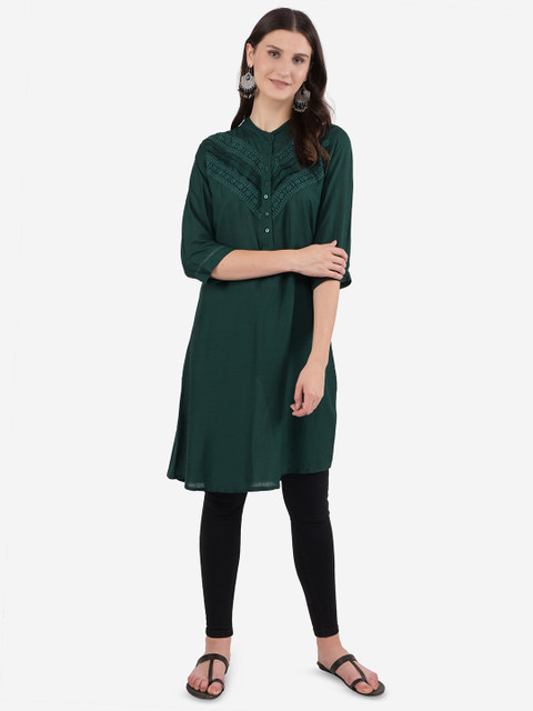 

Ashnaina Green Viscose Rayon Mandarin Collar Embroidered Tunic