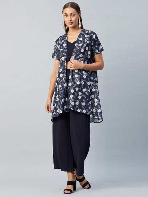 

Athena Women Blue & White Pure Silk Printed Top with Trousers & Printed Jacket