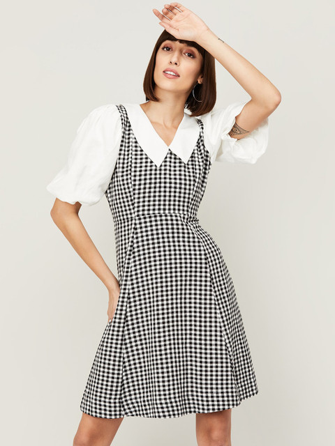 

CODE by Lifestyle White & Black Checked Peter Pan Collar A-Line Dress