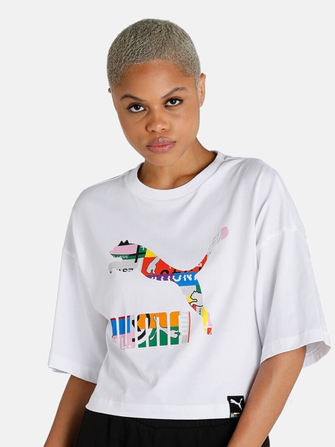 

Puma Women White & Multicoloured Brand Logo Printed Loose T-shirt