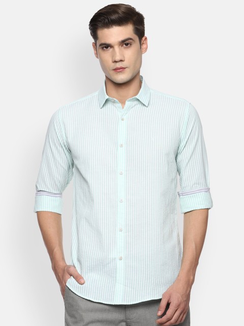 

V Dot Men Turquoise Blue & White Slim Fit Opaque Striped Pure Cotton Casual Shirt
