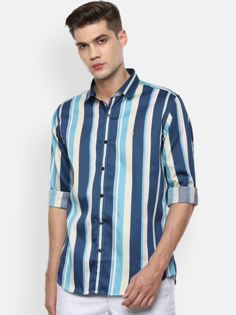 

V Dot Men Blue Striped Slim Fit Casual Shirt