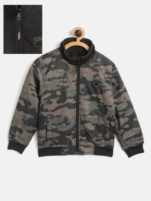 

Okane Boys Olive Green & Black Camouflage Print Reversible Bomber Jacket