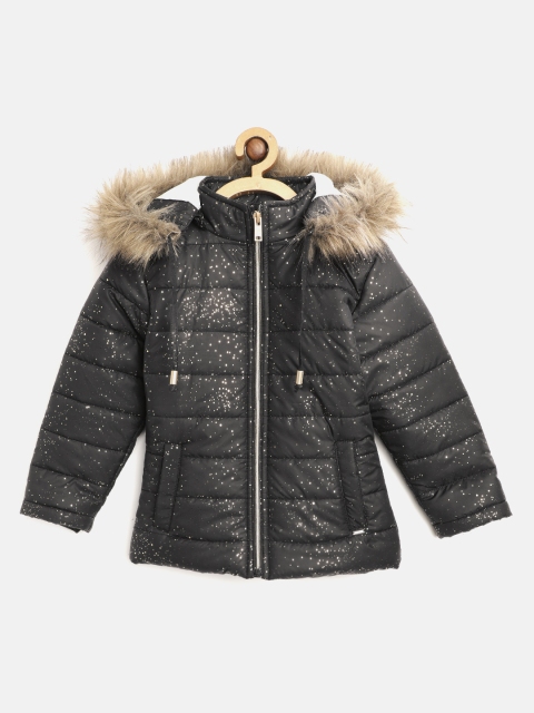 

Okane Girls Black & Golden Abstract Printed Parka Jacket with Detachable Hood