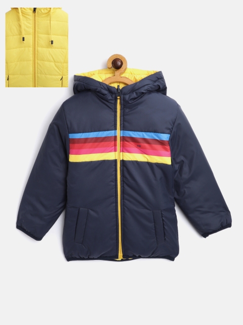 

Okane Girls Navy Blue & Yellow Striped Hooded Reversible Padded Jacket