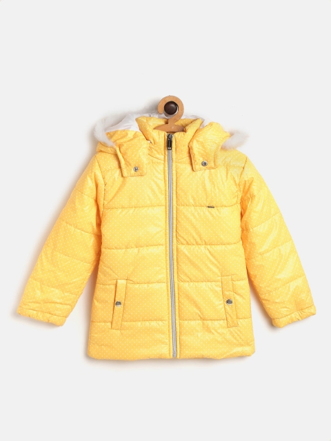 

Okane Girls Yellow & White Polka Dot Print Parka Jacket with Detachable Hood
