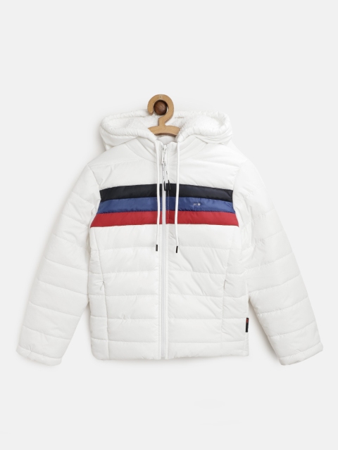 

Okane Boys White & Navy Blue Striped Hooded Puffer Jacket