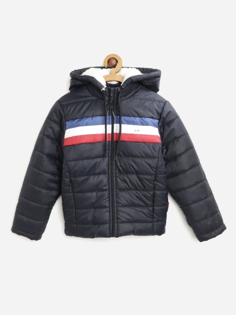 

Okane Boys Navy Blue & White Striped Hooded Puffer Jacket