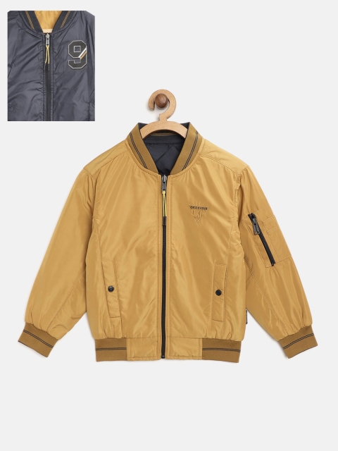 

Okane Boys Mustard Brown & Navy Blue Solid Reversible Bomber Jacket