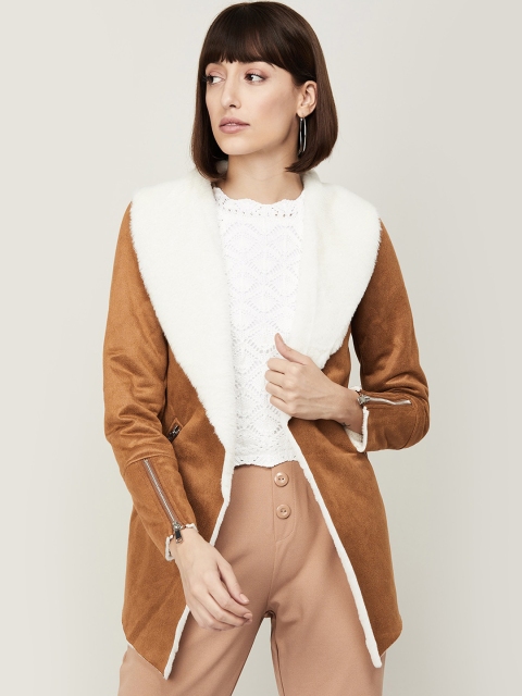 

CODE by Lifestyle Women Beige & White Longline Tailored Jacket with Faux Fur Trim