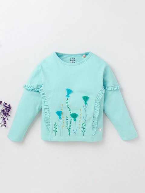 

Ed-a-Mamma Girls Blue Ruffle Embroidered Pure Cotton T-shirt