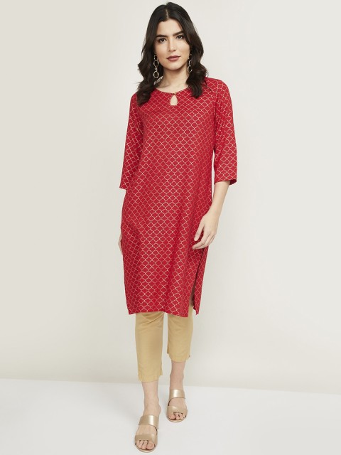 

Melange by Lifestyle Women Red & Gold-Toned Ethnic Motifs Printed Keyhole Neck Kurta