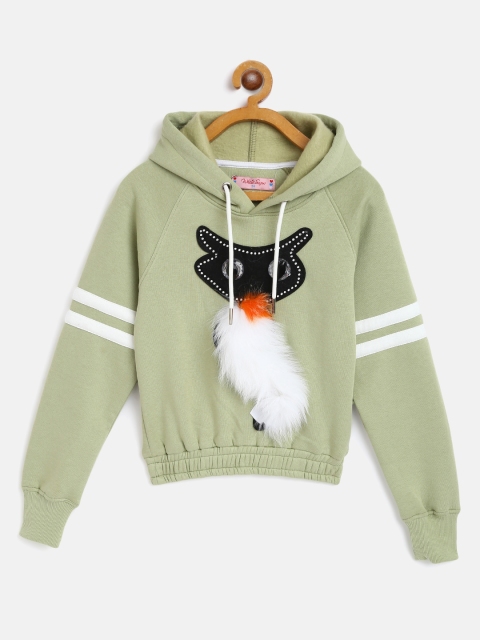 

White Snow Girls Green & Black Applique Detail Hooded Sweatshirt