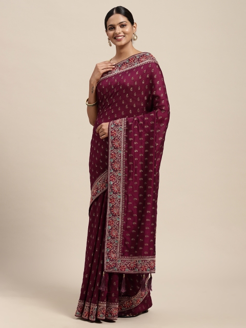 

MOHEY Maroon & Golden Ethnic Motifs Embroidered Saree